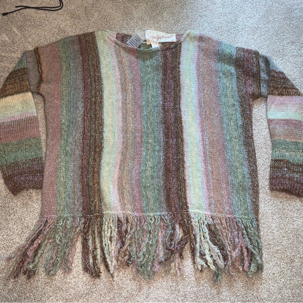 NWT Mystree women’s fringe boho sweater, striped multicolor, size M/L